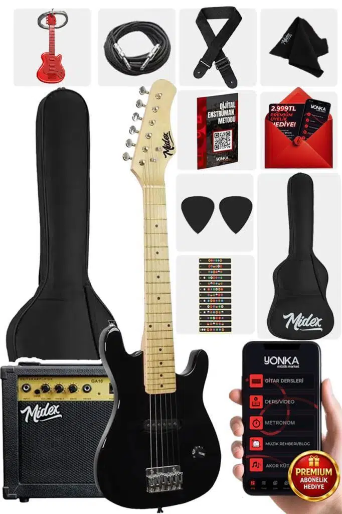Midex CEG-30BK 4-6 Yaş Çocuklar İçin Amfili Full 1/4 30 İnç Elektro Gitar Seti Full Black