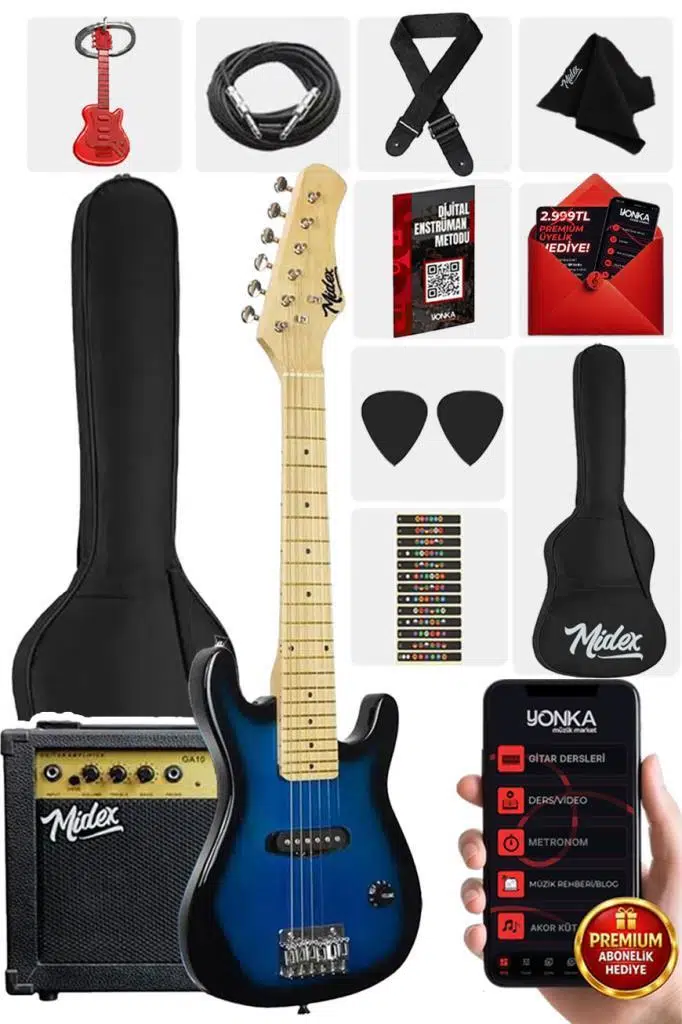 Midex CEG-30BL 4-6 Yaş Çocuklar İçin Amfili Full 1/4 30 İnç Elektro Gitar Seti Blue Black