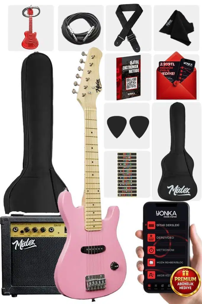 Midex CEG-30PK 4-6 Yaş Çocuklar İçin Amfili Full 1/4 30 İnç Elektro Gitar Seti Pembe