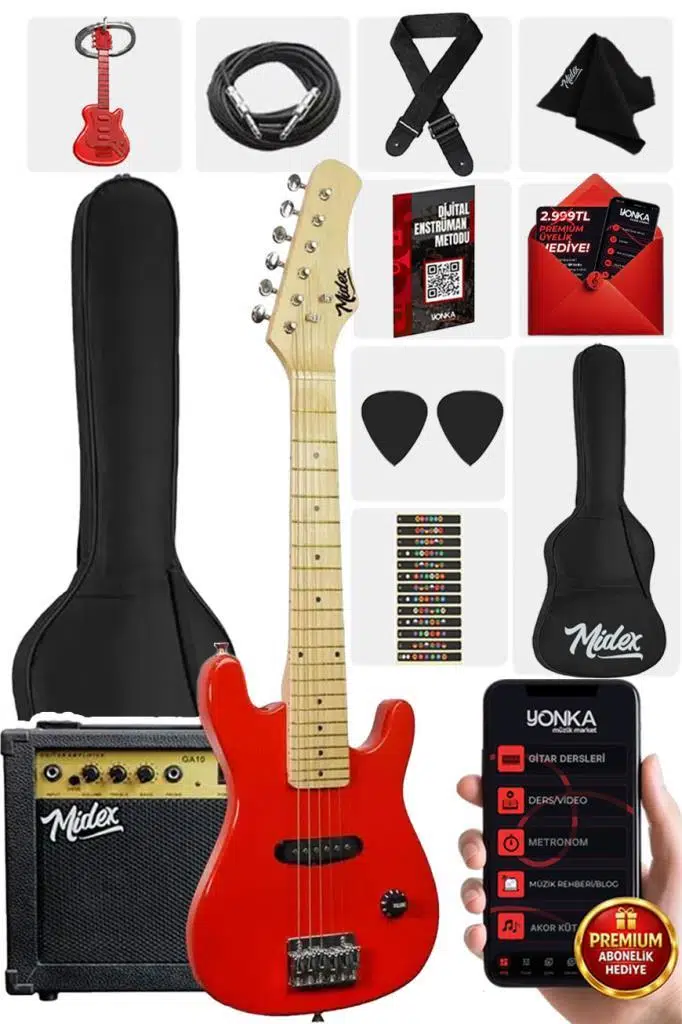 Midex CEG-30RD 4-6 Yaş Çocuklar İçin Amfili Full 1/4 30 İnç Elektro Gitar Seti RED