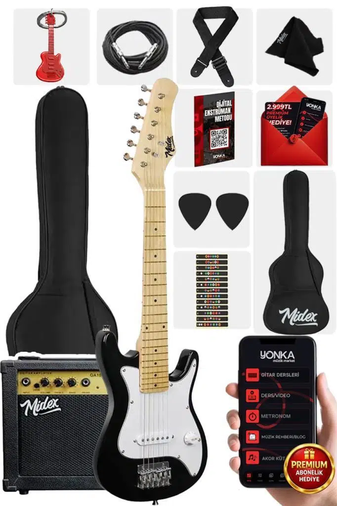 Midex CEG-30WB 4-6 Yaş Çocuklar İçin Amfili Full 1/4 30 İnç Elektro Gitar Seti White Black