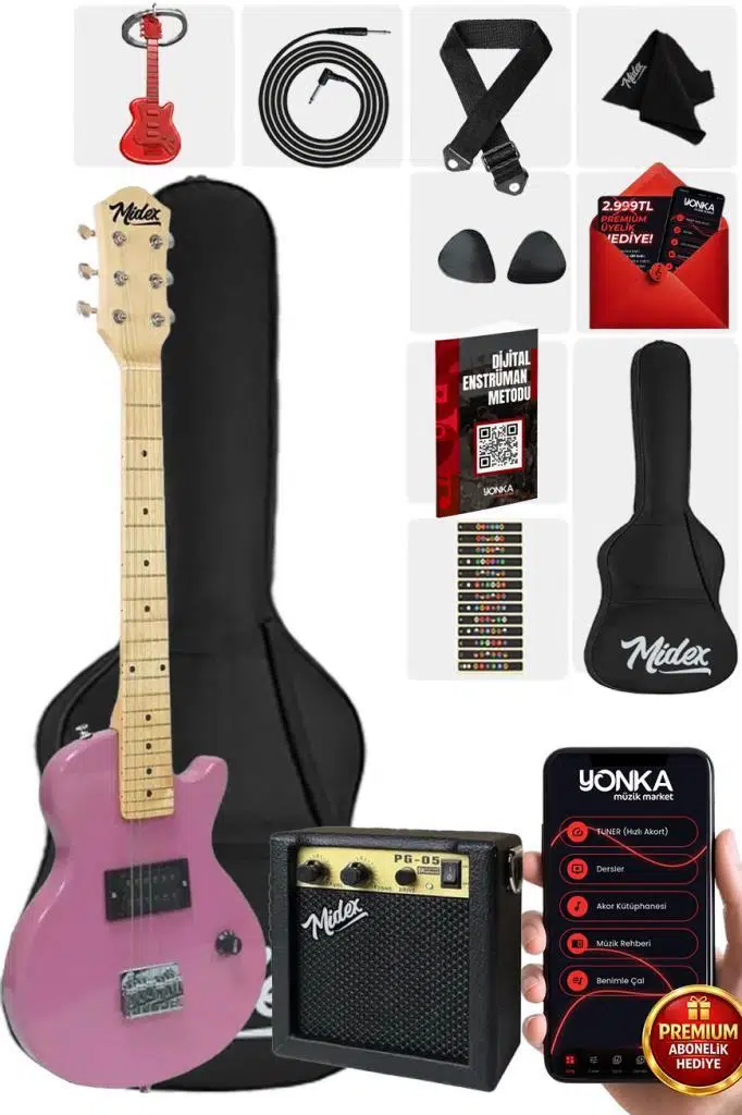Midex CEG-34PK 5-8 Yaş Çocuklar İçin Amfili Full 1/2 34 İnç Elektro Gitar Seti Pembe