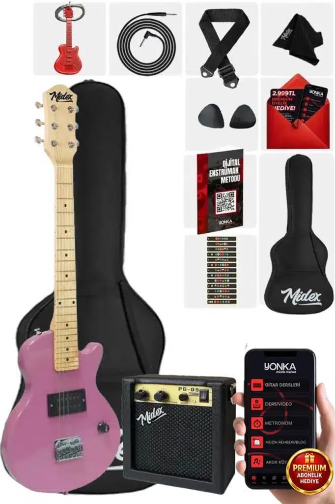 Midex CEG-34PK 5-8 Yaş Çocuklar İçin Amfili Full 1/2 34 İnç Elektro Gitar Seti Pembe
