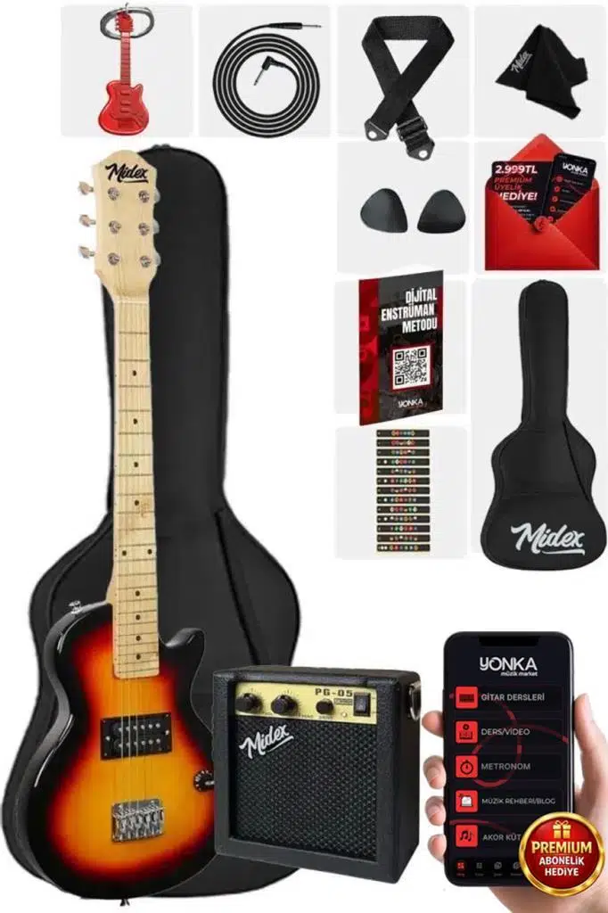 Midex CEG-34SB 5-8 Yaş Çocuklar İçin Amfili Full 1/2 34 İnç Elektro Gitar Seti Sunburs