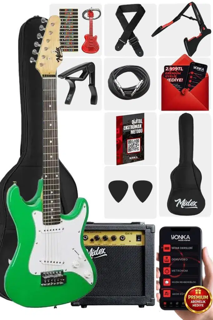 Midex CEG-36GR 8-12 Yaş Çocuklar İçin Amfili Full 3/4 36 İnç Elektro Gitar Seti Yeşil