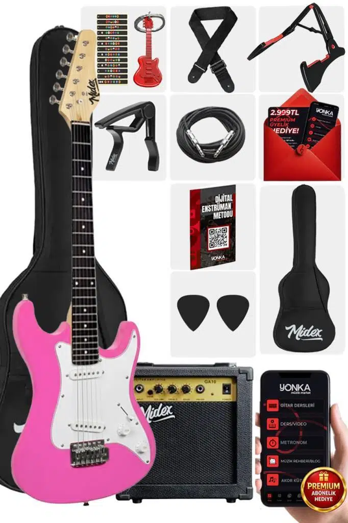 Midex CEG-36PK 8-12 Yaş Çocuklar İçin Amfili Full 3/4 36 İnç Elektro Gitar Seti Pembe