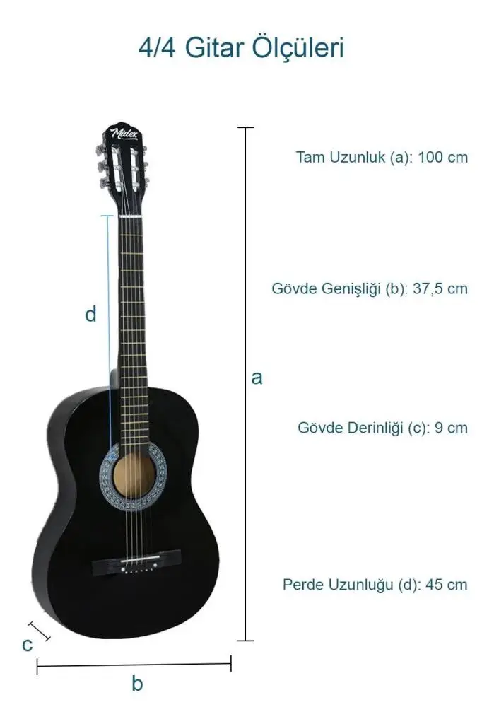 Midex CG-265BK Siyah Klasik Gitar 4/4 Yetişkin Boy Sap Ayarlı Full Set