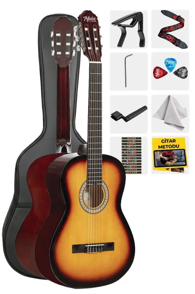 Midex CG-270SB Sunburst Renk Klasik Gitar 4/4 Yetişkin Boy Sap Ayarlı Full Set