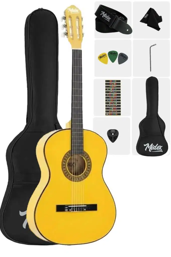 Midex CG-270YLW-OUT Sarı Renk Klasik Gitar 4/4 Yetişkin Boy Sap Ayarlı Full Set(OUTLET)