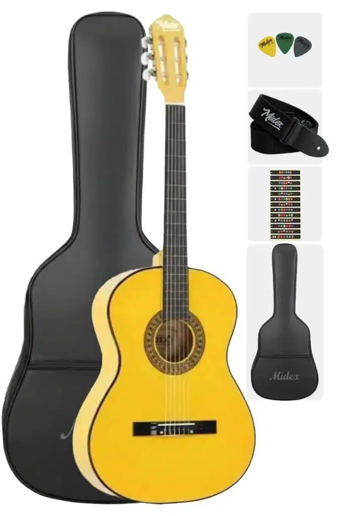 Midex CG-270YLW-OUT Sarı Renk Klasik Gitar 4/4 Yetişkin Boy Sap Ayarlı Full Set(OUTLET)
