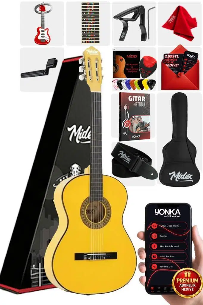 Midex CG-270YLW Sarı Renk Klasik Gitar 4/4 Yetişkin Boy Sap Ayarlı Full Set