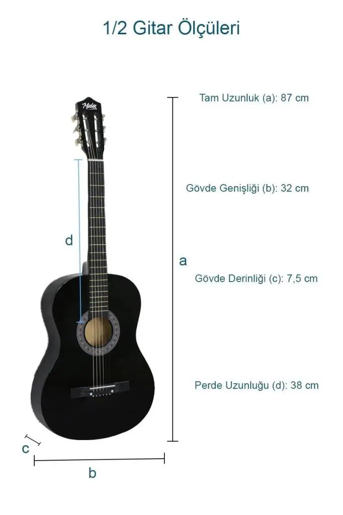 Midex CG-34BK-PAK Kaliteli 34 İnç 1/2 Junior Çocuk Gitarı 4-8 Yaş Arası (Çanta Tuner Askı Pena Metod)