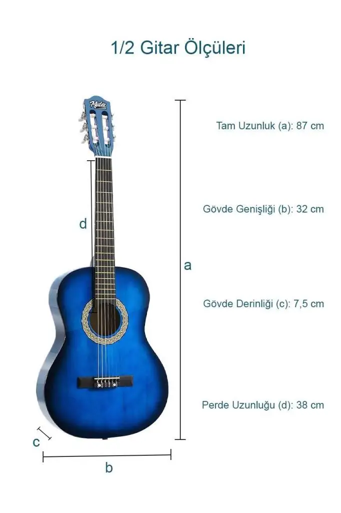 Midex CG-34BL-PAK Kaliteli 34 İnç 1/2 Juniur Çocuk Gitarı Seti 4-8 Yaş Arası (Tuner Çanta Capo Askı Nota Sticker Pena Metod)