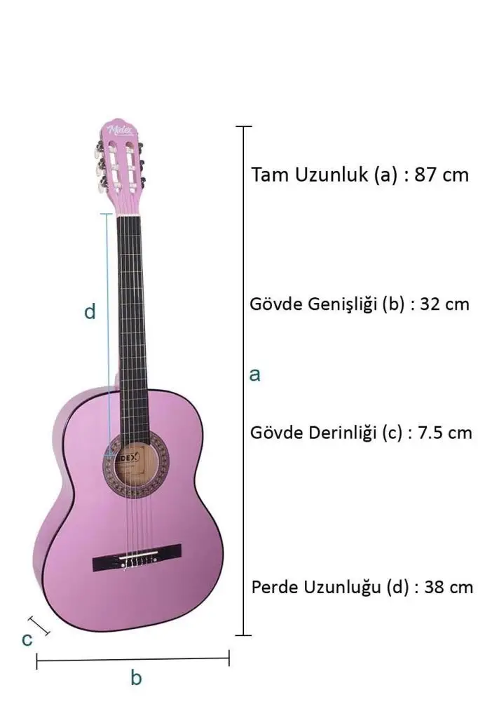 Midex CG-34PU-PAK Kaliteli 34 İnç 1/2 Junior Çocuk Gitarı Seti 4-8 Yaş Arası (Tuner Çanta Capo Askı Nota Sticker Pena Metod)