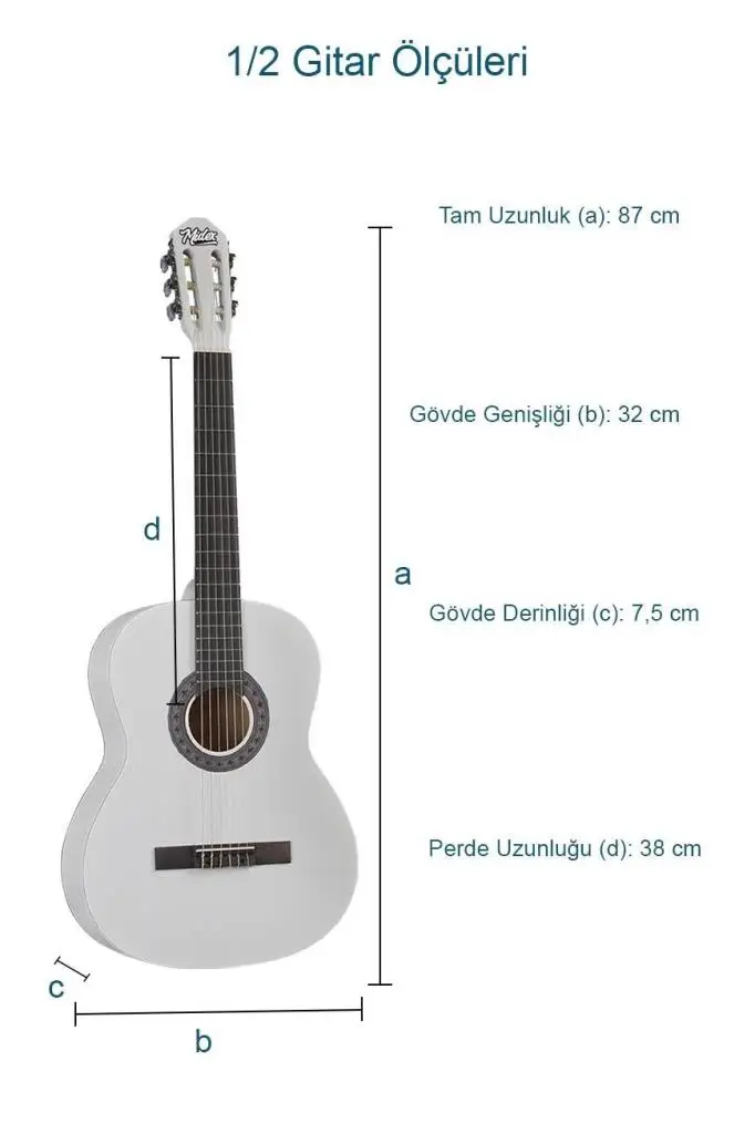 Midex CG-34WH Kaliteli 34 İnç 1/2 Juniur Çocuk Gitarı 4-8 Yaş Arası (Çanta Capo Nota Sticker Askı Pena Metod)