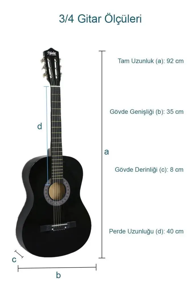 Midex CG-36BK-PAK Kaliteli 36 İnç 3/4 Junior Çocuk Gitarı 8-12 Yaş Arası (Çanta Tuner Askı Pena Metod)