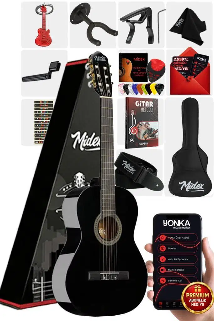 Midex CG-36BK-PAK Kaliteli 36 İnç 3/4 Junior Çocuk Gitarı 8-12 Yaş Arası (Çanta Askı Pena Metod)