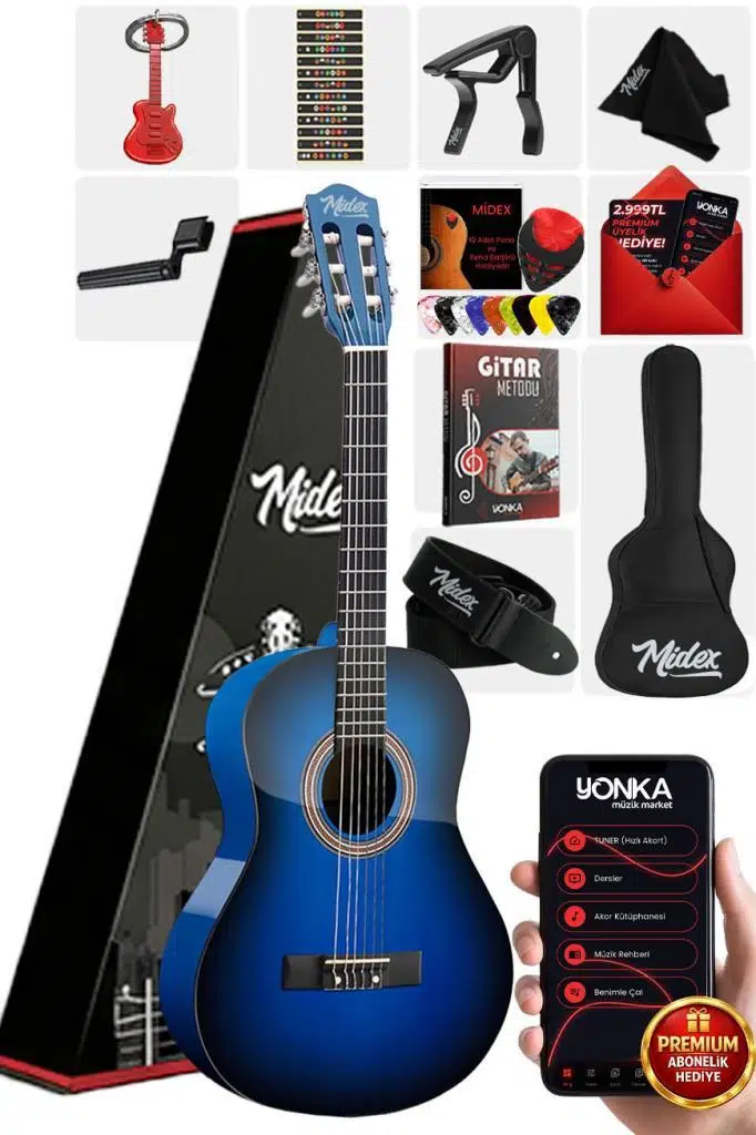Midex CG-36BL Kaliteli 36 İnç 3/4 Juniur Çocuk Gitarı 8-12 Yaş Arası (Çanta Askı Capo Nota Sticker Pena Metod)
