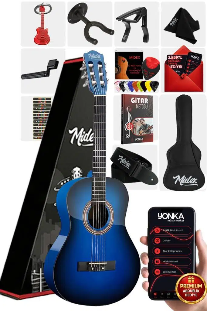 Midex CG-36BL-PAK Kaliteli 36 İnç 3/4 Juniur Çocuk Gitarı 8-12 Yaş Arası (Çanta Capo Askı Nota Sticker Pena Metod)