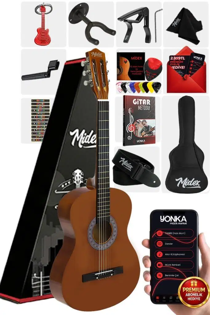 Midex CG-36BRW-PAK Kaliteli 36 İnç 3/4 Juniur Çocuk Gitarı 8-12 Yaş Arası (Çanta Capo Askı Nota Sticker Pena Metod)