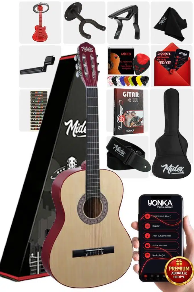 Midex CG-36NT-PAK Kaliteli 36 İnç 3/4 Juniur Çocuk Gitarı 8-12 Yaş Arası (Çanta Capo Askı Nota Sticker Pena Metod)