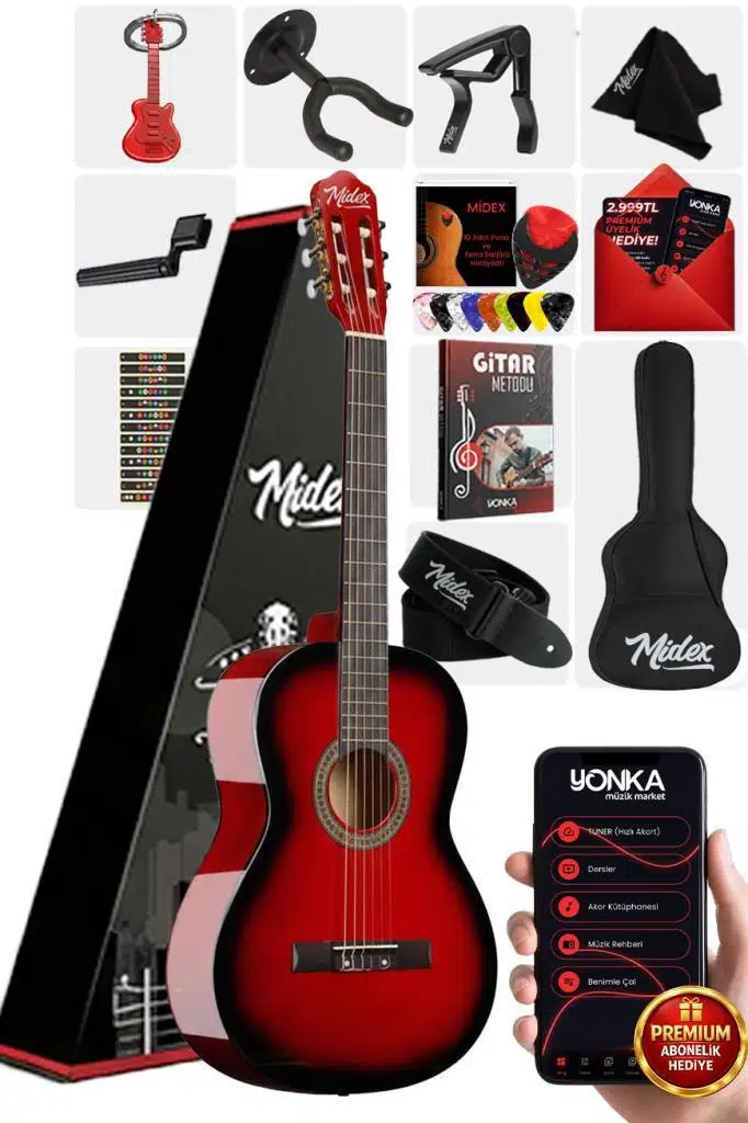 Midex CG-36RD-PAK Kaliteli 36 İnç 3/4 Juniur Çocuk Gitarı 8-12 Yaş Arası (Çanta Capo Askı Nota Sticker Pena Metod)