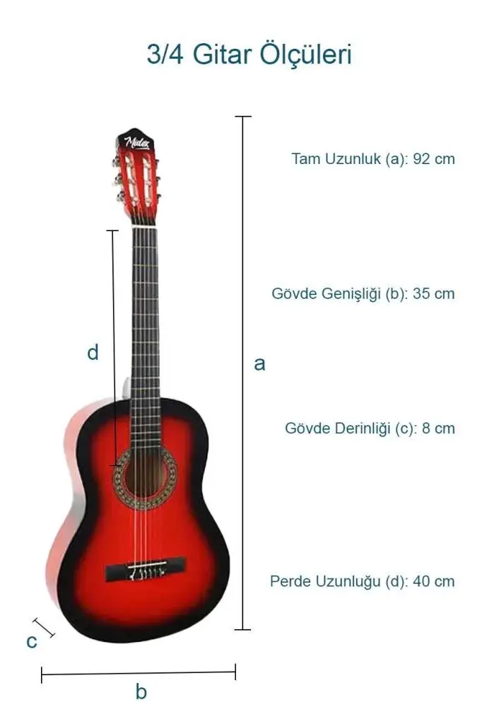Midex CG-36RD-PAK Kaliteli 36 İnç 3/4 Juniur Çocuk Gitarı 8-12 Yaş Arası (Tuner Çanta Capo Askı Nota Sticker Pena Metod)