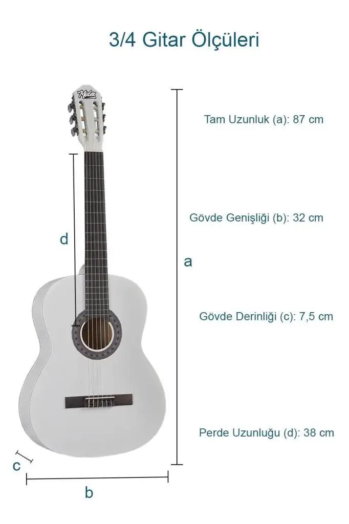 Midex CG-36WH-PAK Kaliteli 36 İnç 3/4 Juniur Çocuk Gitarı 8-12 Yaş Arası (Tuner Çanta Capo Askı Nota Sticker Pena Metod)