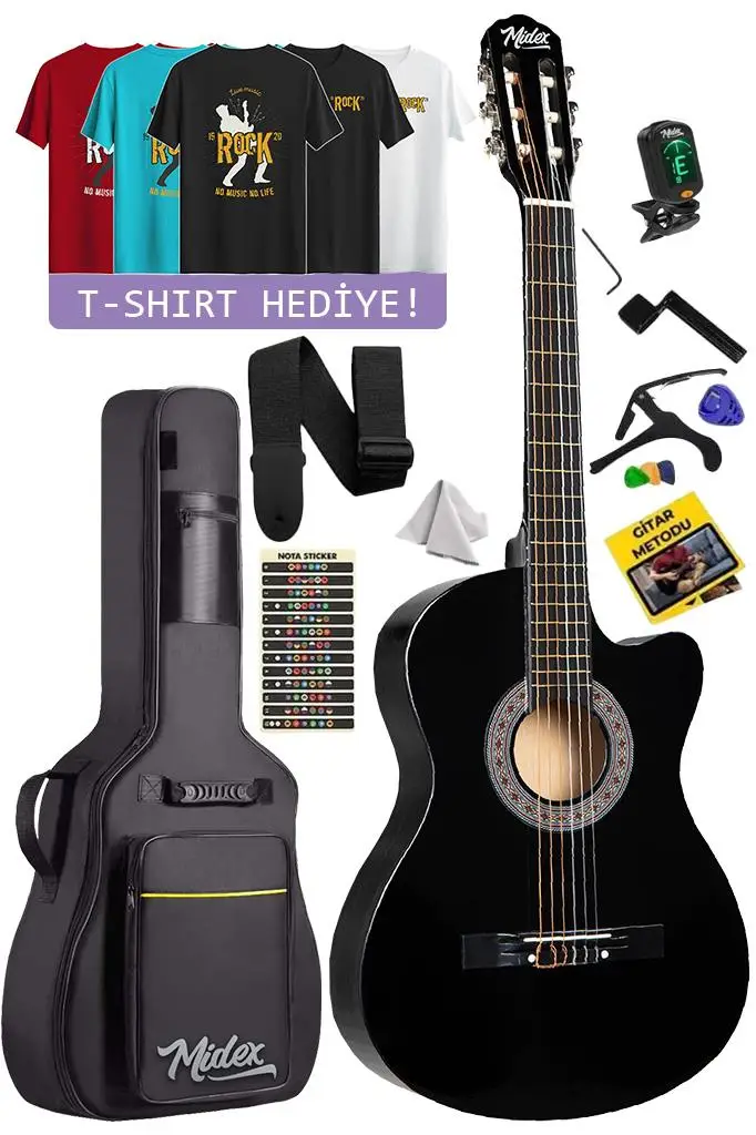 Midex CG-390BK-TGIFT Siyah Klasik Gitar 4/4 Sap Ayarlı Kesik Kasa Full Set (T-Shirt Hediye)