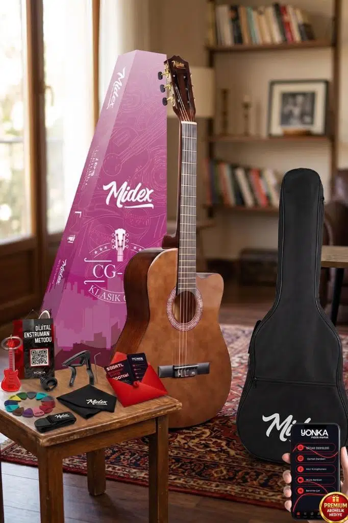 Midex CG-390BR-XBAG Klasik Gitar 4/4 Sap Ayarlı Kesik Kasa (Çanta Askı Capo Metod Pena)