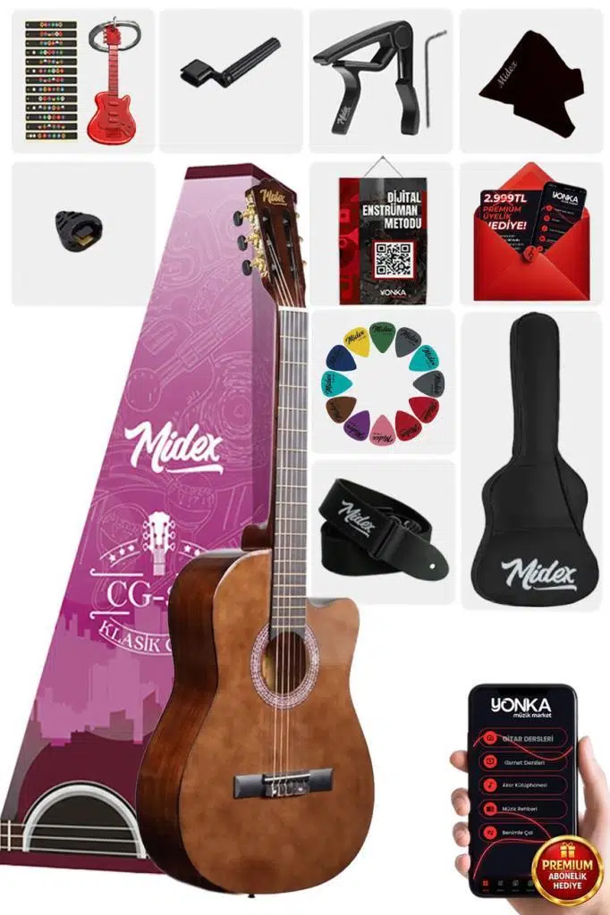 Midex CG-390BR-XBAG Klasik Gitar 4/4 Sap Ayarlı Kesik Kasa (Çanta Askı Capo Metod Pena)