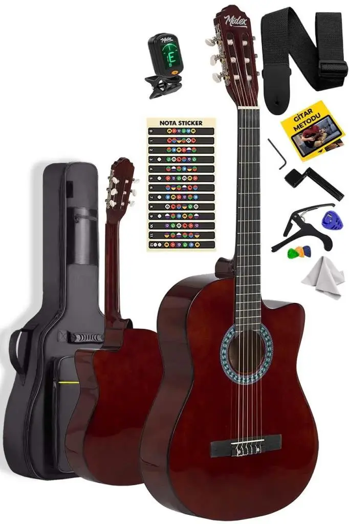 Midex CG-390BR-XBAG Klasik Gitar 4/4 Sap Ayarlı Kesik Kasa (Çanta Tuner Askı Capo Metod Pena)