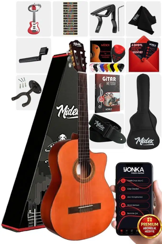 Midex CG-390M-XBAG Klasik Gitar 4/4 Sap Ayarlı Kesik Kasa (Çanta Askı Capo Metod Pena)