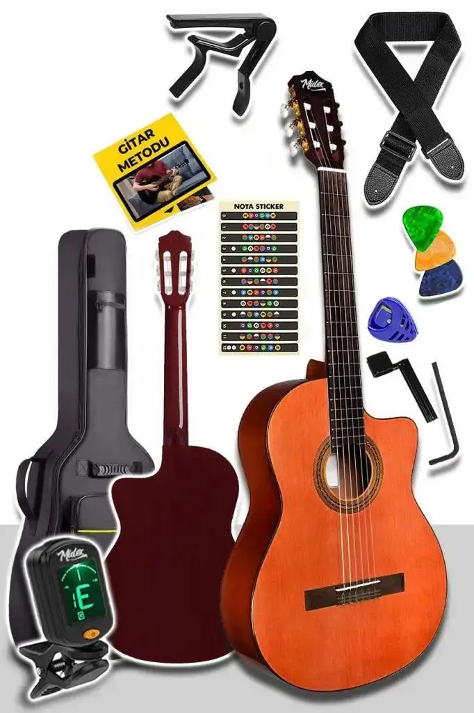 Midex CG-390M-XBAG Klasik Gitar 4/4 Sap Ayarlı Kesik Kasa (Çanta Tuner Askı Capo Metod Pena)