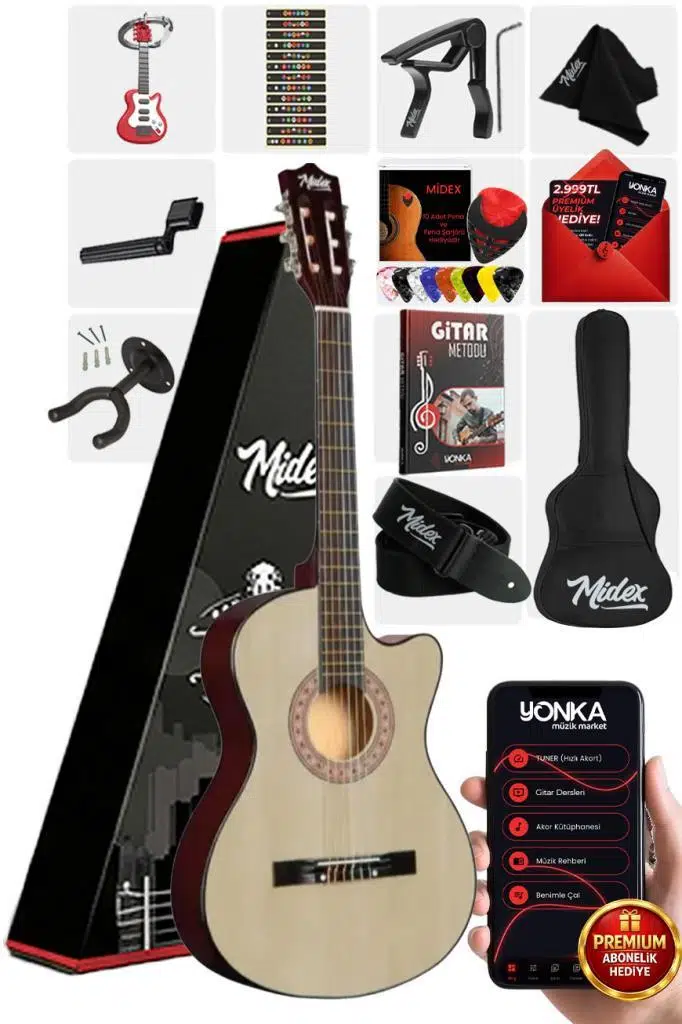 Midex CG-390NT-XBAG Klasik Gitar 4/4 Sap Ayarlı Kesik Kasa (Çanta Askı Capo Metod Pena)