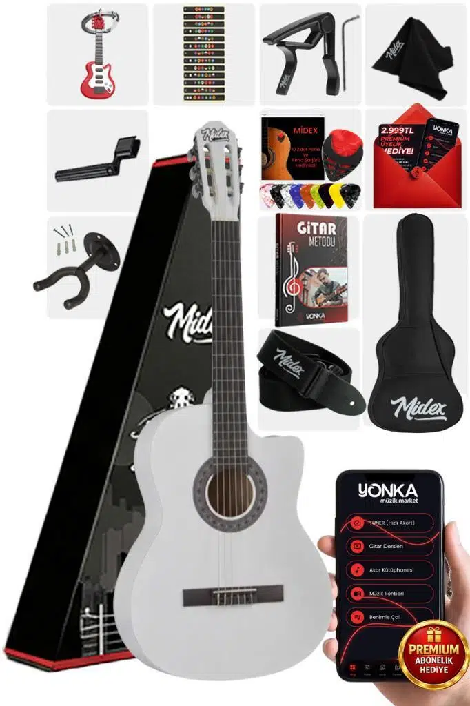 Midex CG-390WH-XBAG Beyaz Renk Klasik Gitar 4/4 Sap Ayarlı Kesik Kasa (Full Set)