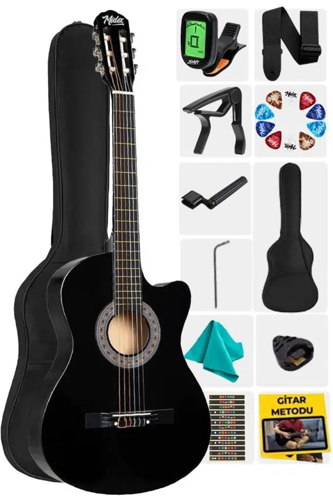 Midex CG-395BK Siyah Klasik Gitar 4/4 Sap Ayarlı Kesik Kasa Full Set (Çanta Askı Tuner Metod Pena)