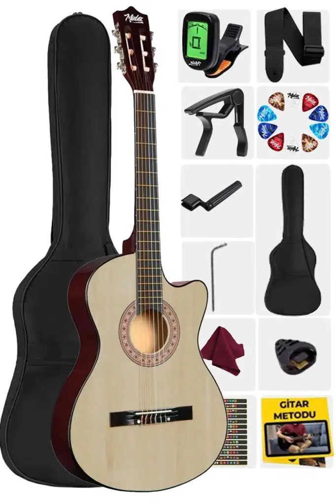 Midex CG-395NT Natural Renk Kesik Klasik Gitar 4/4 Yetişkin Boy Sap Ayarlı Full Set