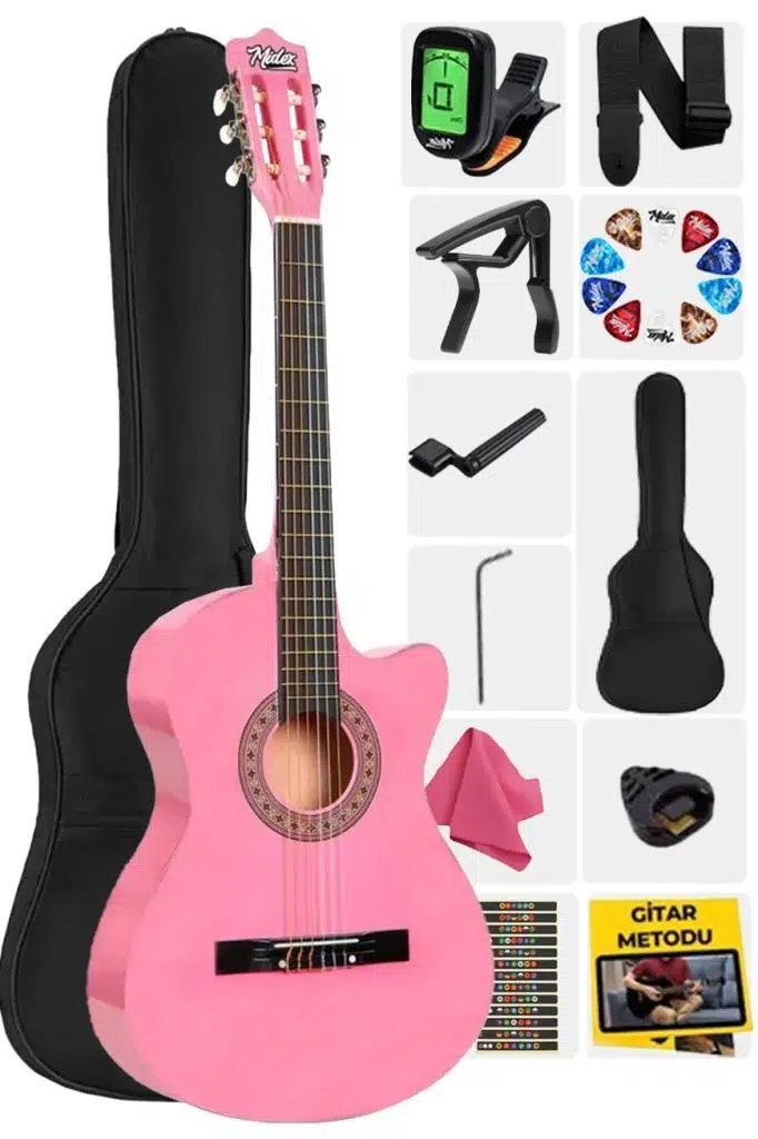 Midex CG-395PK Pembe Renk Kesik Klasik Gitar 4/4 Yetişkin Boy Sap Ayarlı Full Set
