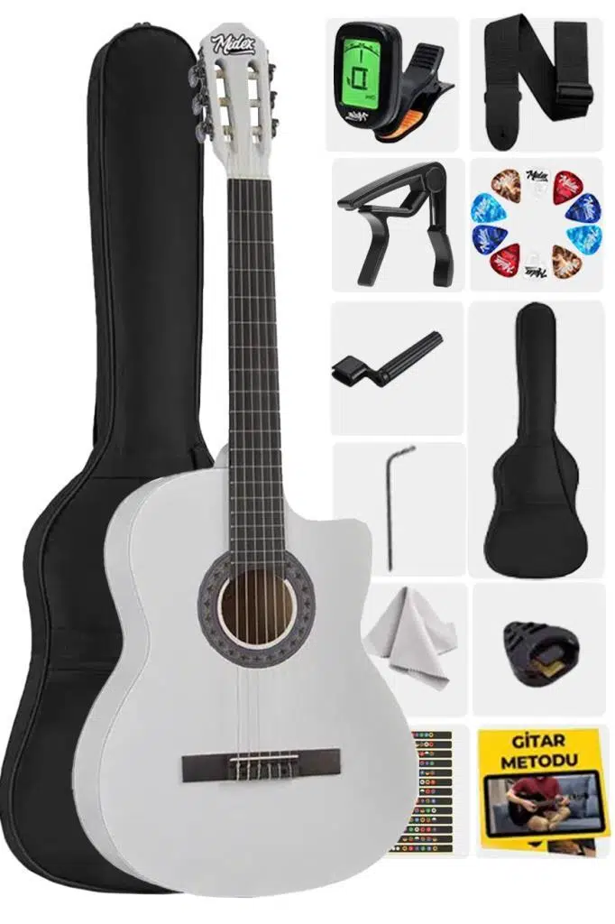 Midex CG-395WH Beyaz Renk Kesik Klasik Gitar 4/4 Yetişkin Boy Sap Ayarlı Full Set