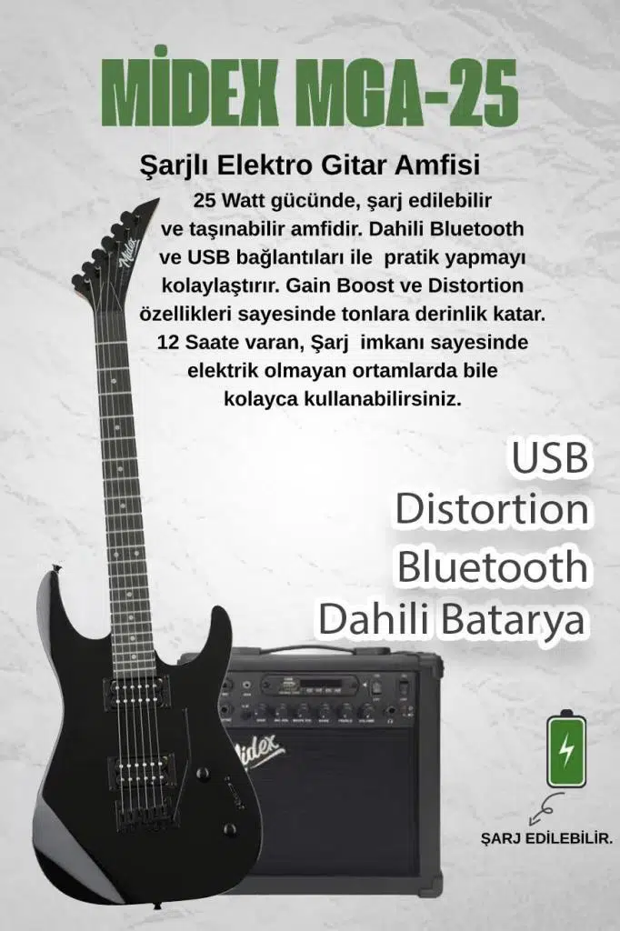 Midex Crade-25AMP Black Rosewood Super Strat Kasa HH Yüksek Kaliteli 25W Amfili Elektro Gitar Seti