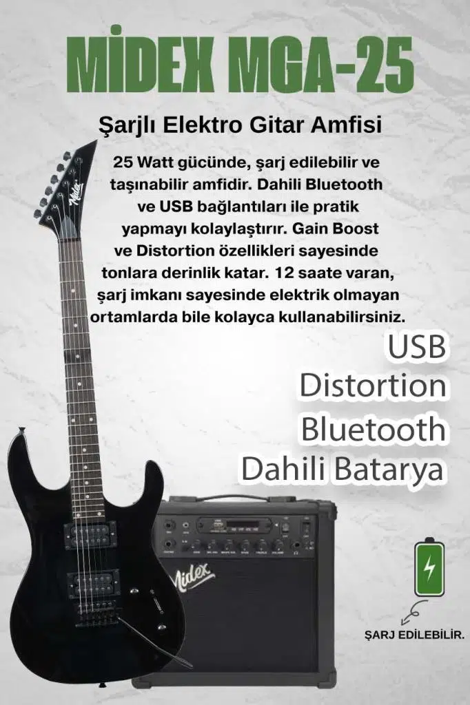 Midex Crade-25AMP Black Rosewood Super Strat Kasa HH Yüksek Kaliteli 25W Amfili Elektro Gitar Seti