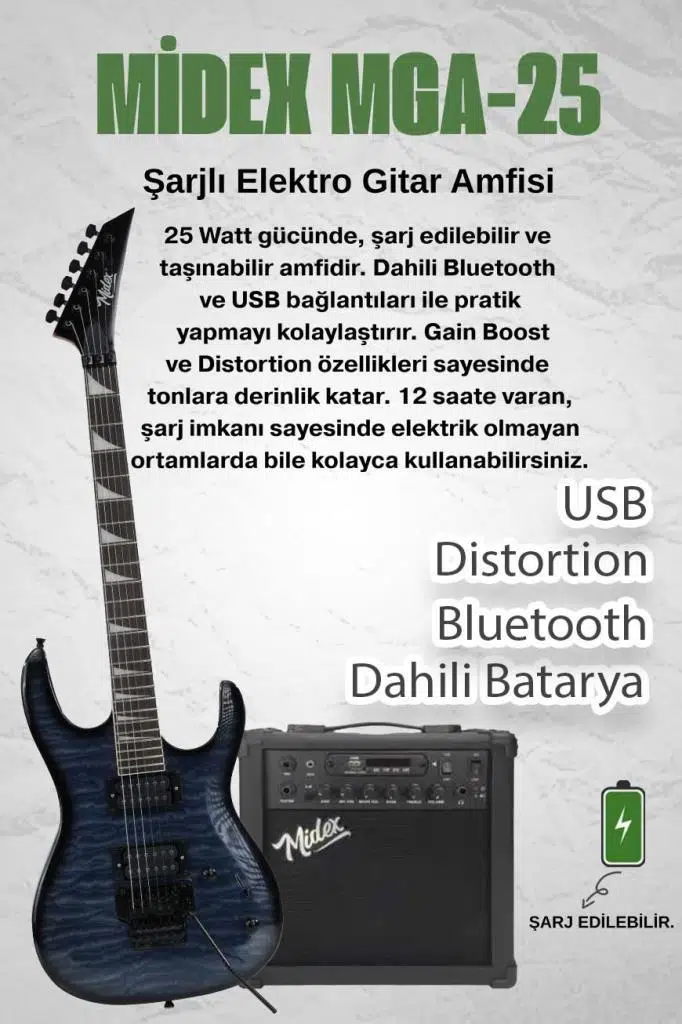 Midex Crade-25AMP Blue Rosewood Super Strat Kasa HH Yüksek Kaliteli 25W Amfili Elektro Gitar Seti