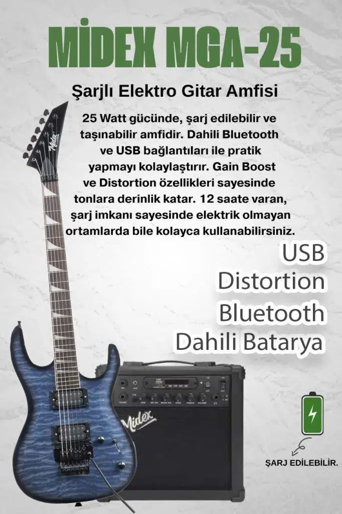 Midex Crade-25AMP Blue Rosewood Super Strat Kasa HH Yüksek Kaliteli 25W Amfili Elektro Gitar Seti