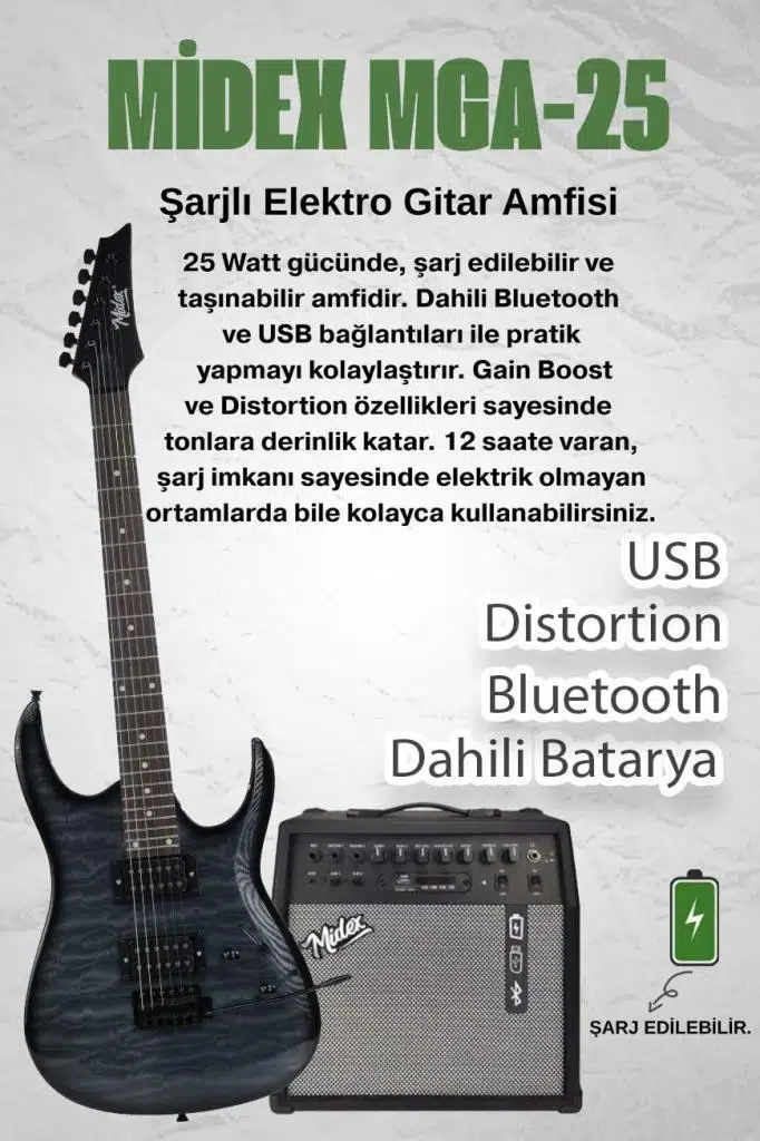 Midex Crade-25AMP Grey Rosewood Super Strat Kasa HH Yüksek Kaliteli 25W Amfili Elektro Gitar Seti