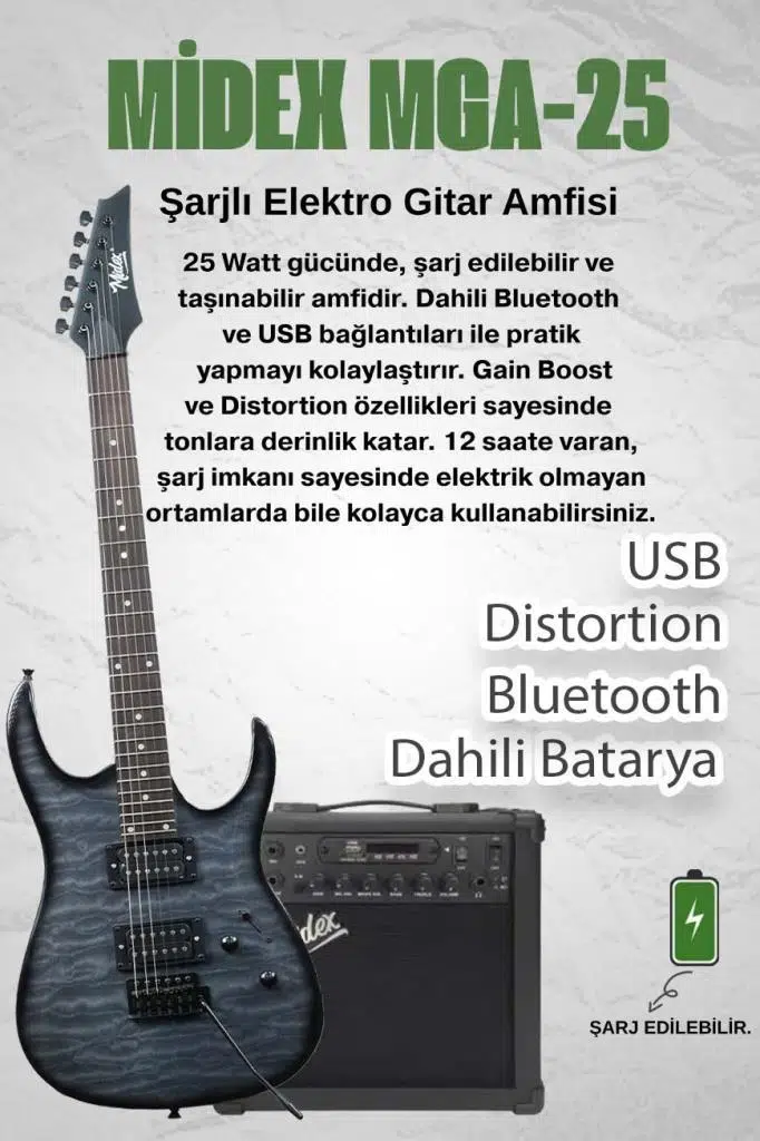 Midex Crade-25AMP Grey Rosewood Super Strat Kasa HH Yüksek Kaliteli 25W Amfili Elektro Gitar Seti