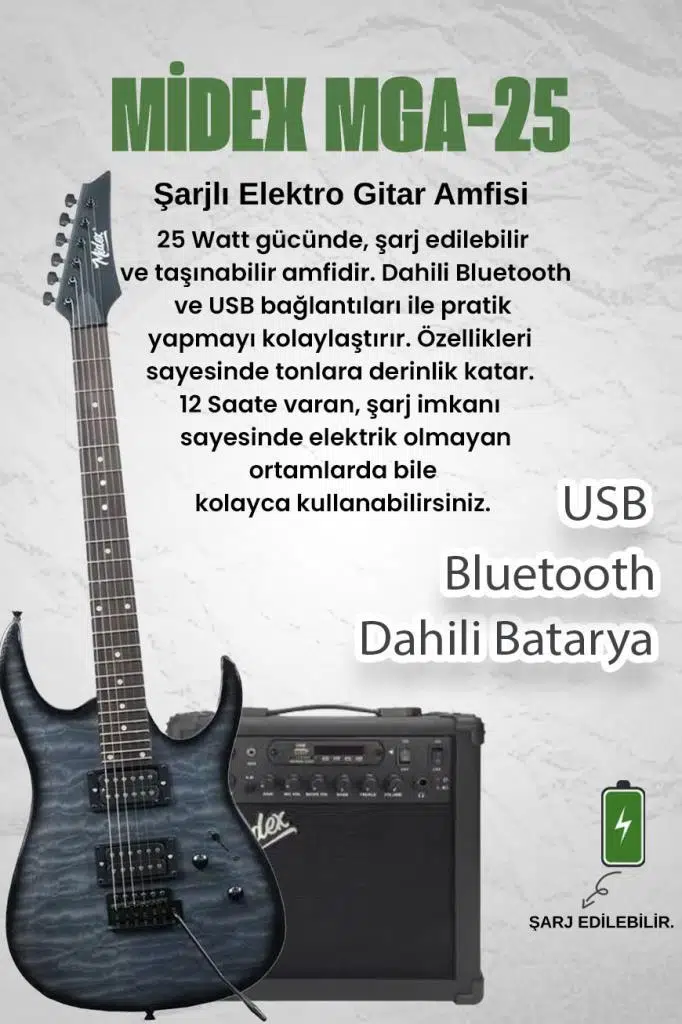 Midex Crade-25AMP Grey Rosewood Super Strat Kasa HH Yüksek Kaliteli 25W Amfili Elektro Gitar Seti