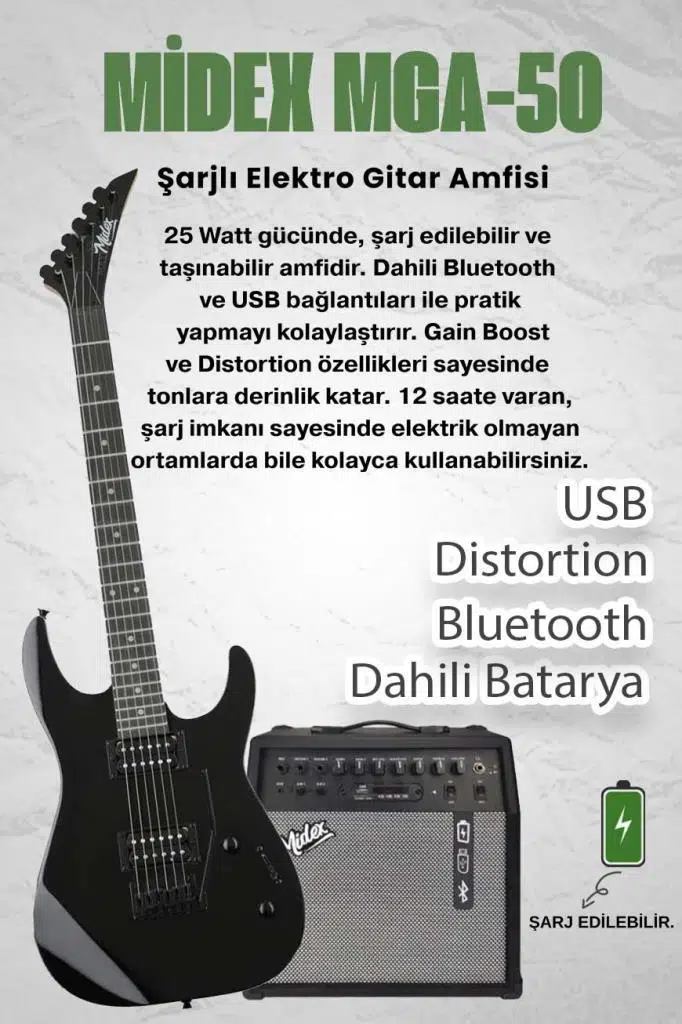 Midex Crade-50AMP Black Rosewood Super Strat Kasa HH Yüksek Kaliteli 50W Amfili Elektro Gitar Seti