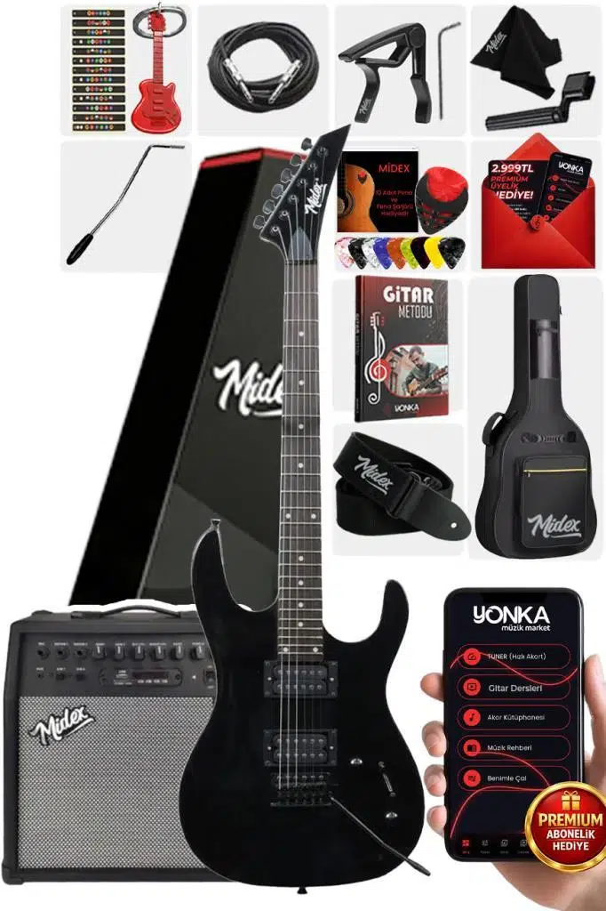 Midex Crade-50AMP Black Rosewood Super Strat Kasa HH Yüksek Kaliteli 50W Amfili Elektro Gitar Seti