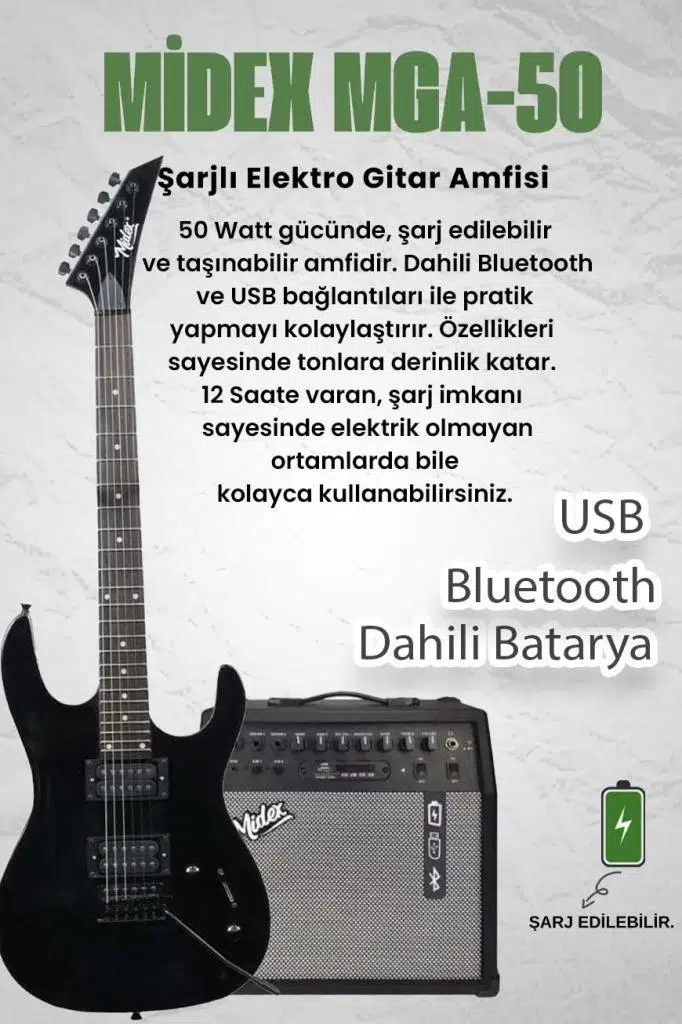 Midex Crade-50AMP Black Rosewood Super Strat Kasa HH Yüksek Kaliteli 50W Amfili Elektro Gitar Seti